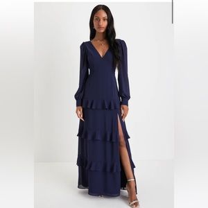 Lulus Expression Navy Blue Long Sleeve Tiered Maxi Dress